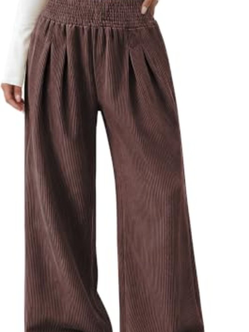 Wide Leg Palazzo Corduroy Pants Smocked Elastic Waist Pockets - Picture 2 of 7